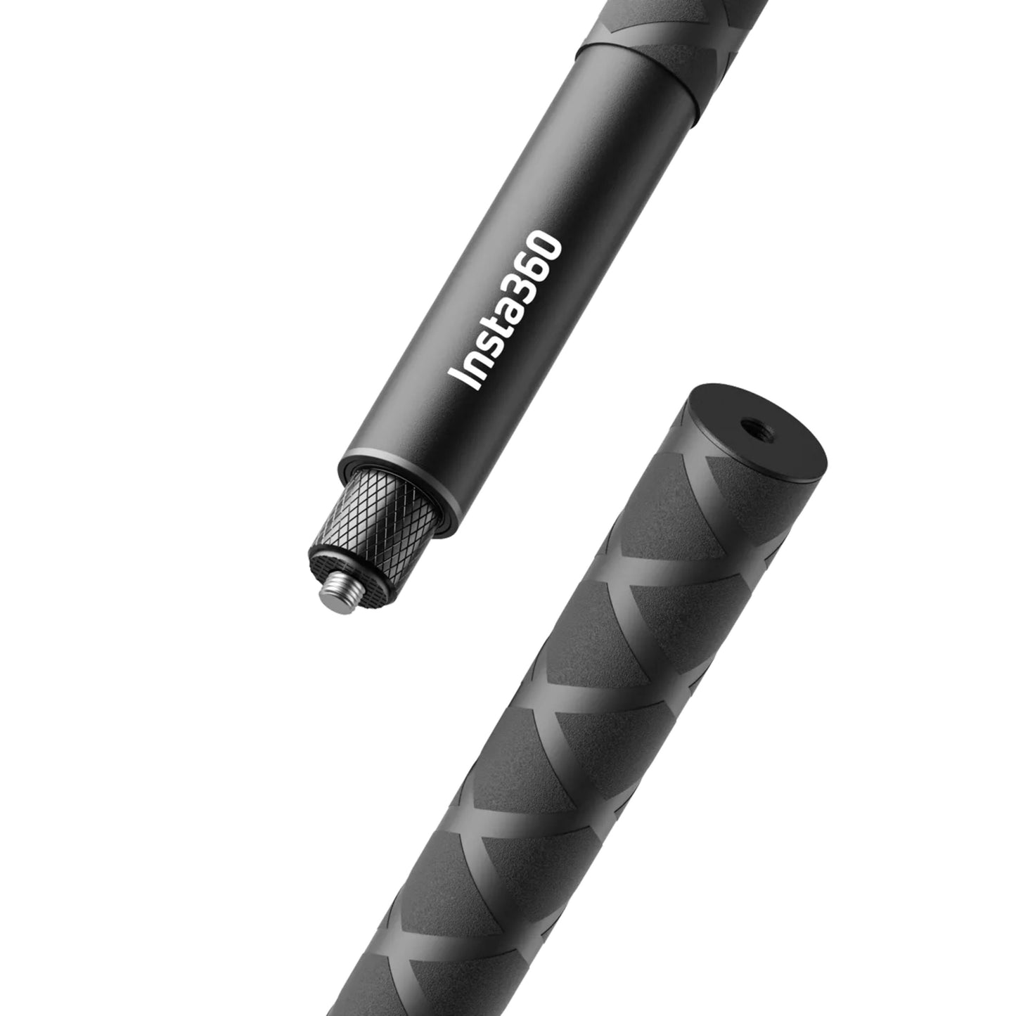 Insta360 Invisible Selfie Stick, to-delt forlængerstang til 360 kamera, gevind i den ene ende og mønstret greb i den anden.