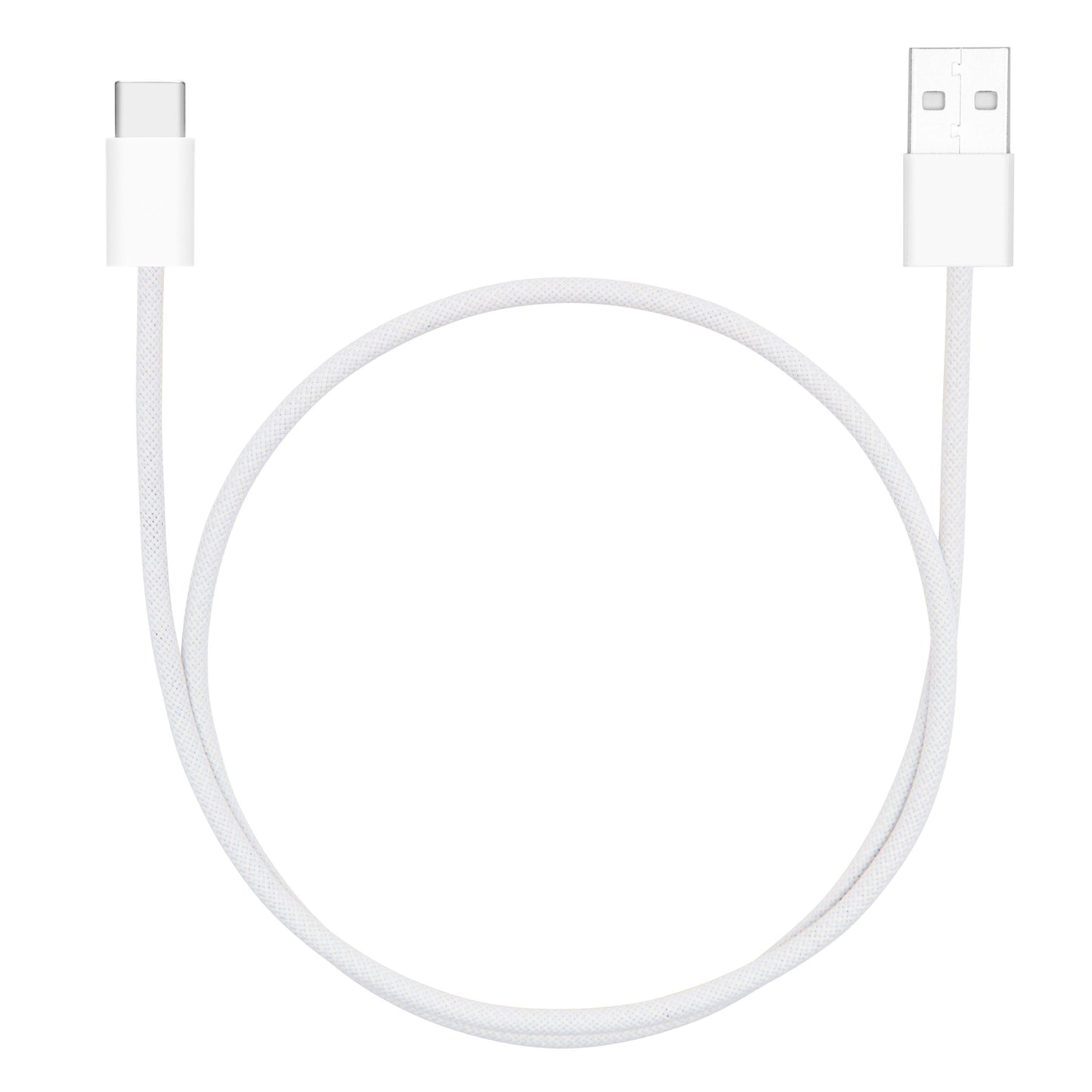 Linocell flettet USB-A til USB-C 2.0 kabel 0,5 m hvid, 60W opladning, sammenrullet i cirkel.