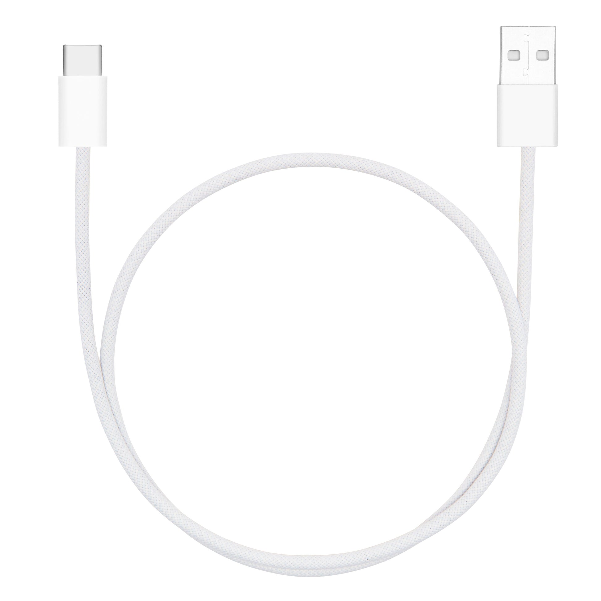Linocell flettet USB-A til USB-C 2.0 kabel 0,5 m hvid, 60W opladning, sammenrullet i cirkel.