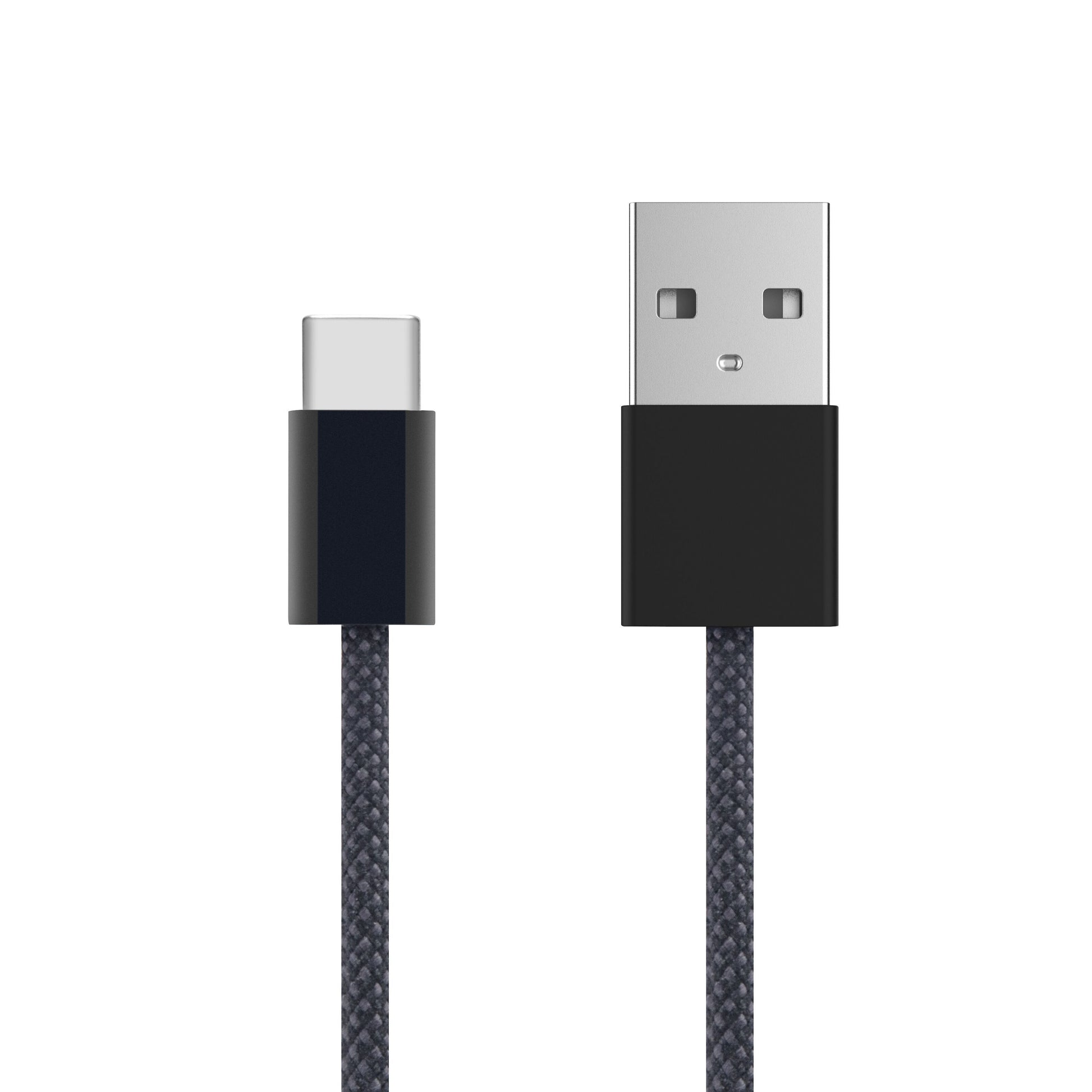 Linocell flettet USB-A til USB-C 2.0 kabel sort 1 m, Linocell-logo synligt, USB-A til højre og USB-C til venstre.