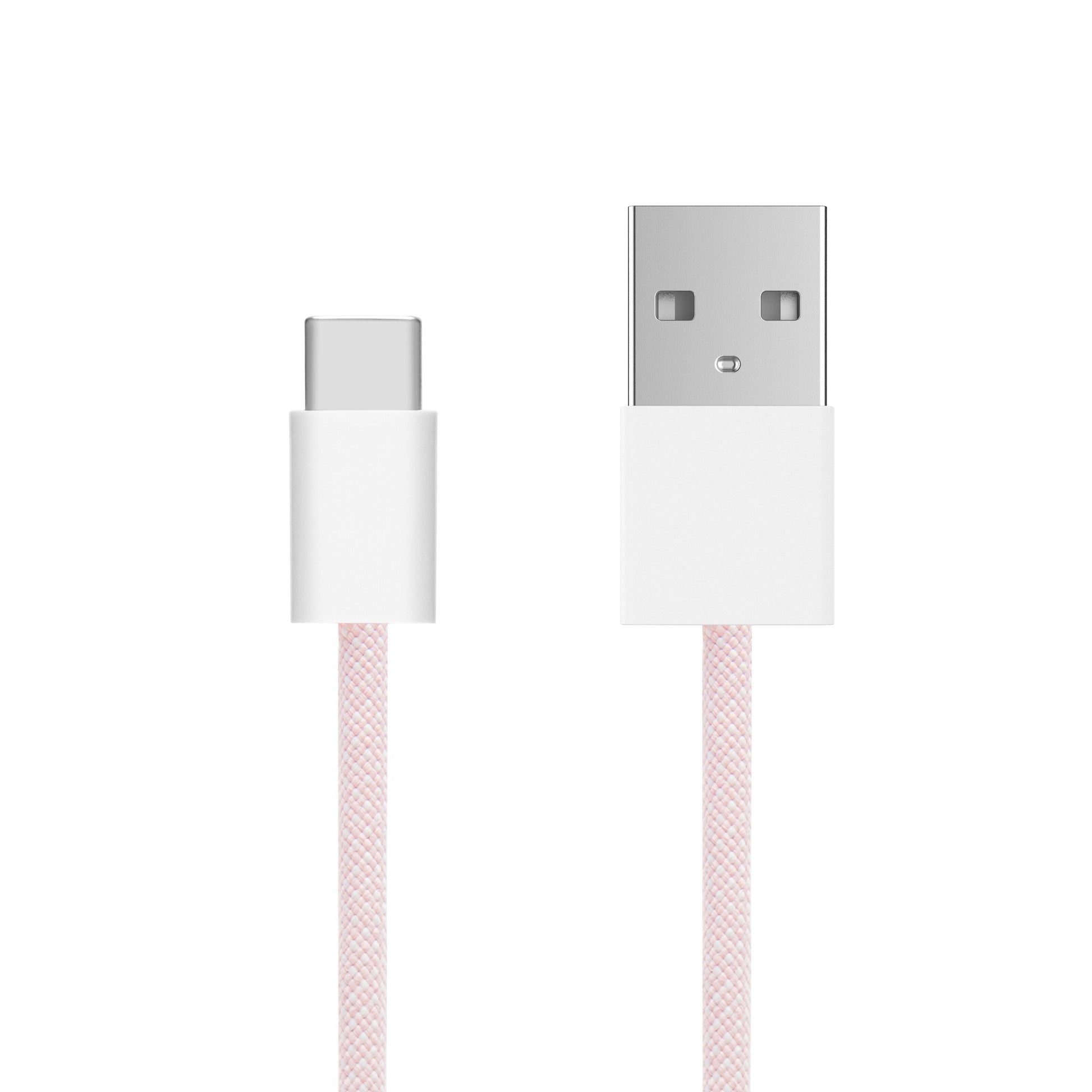 Flettet USB-A til USB-C kabel 2 m lyserød, hvide stik, 60 W opladning.