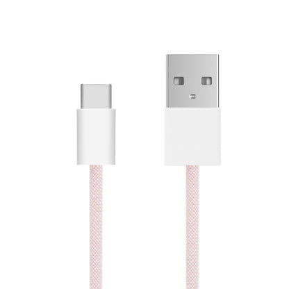 Flettet USB-A til USB-C kabel 2 m lyserød, hvide stik, 60 W opladning.