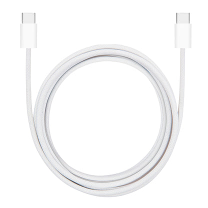 Hvidt flettet USB-C 2.0 kabel 2 m 60 W med afrundede stik i begge ender.