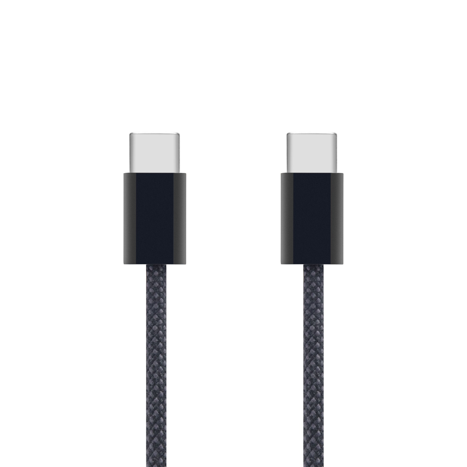 Linocell flettet USB-C 2.0 kabel, sort, 2 meter, metalstik, til kabler stående.