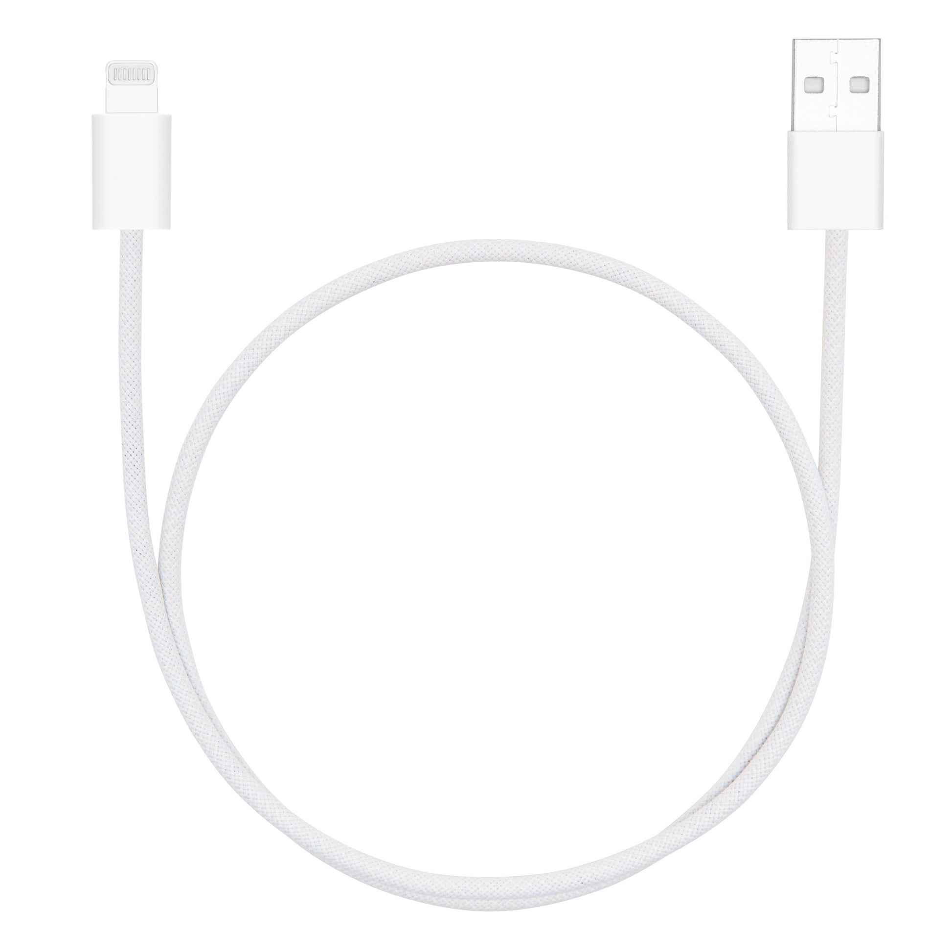 Flettet USB-A til Lightning-kabel 0,5 m hvid MFi-certificeret USB-stik til højre Lightning-stik til venstre.