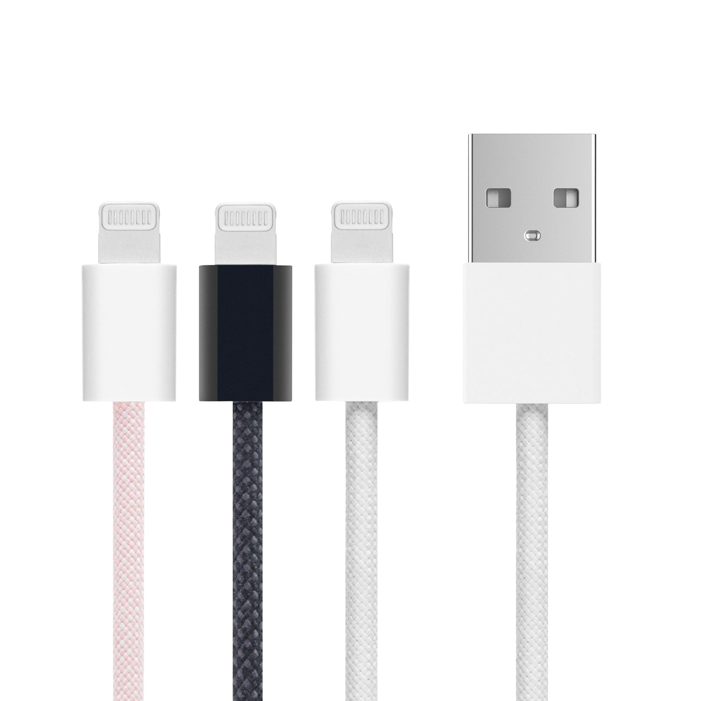 Tre iPhone lightning kabler og et flettet USB-A til Lightning kabel, MFi, hvid, 1m, med pink, sort, hvid og grå stik.