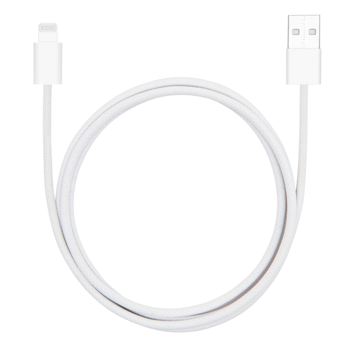 Linocell flettet USB-A til Lightning-kabel 1 m hvid, MFi-certificeret, rullet sammen med USB-stik til højre.