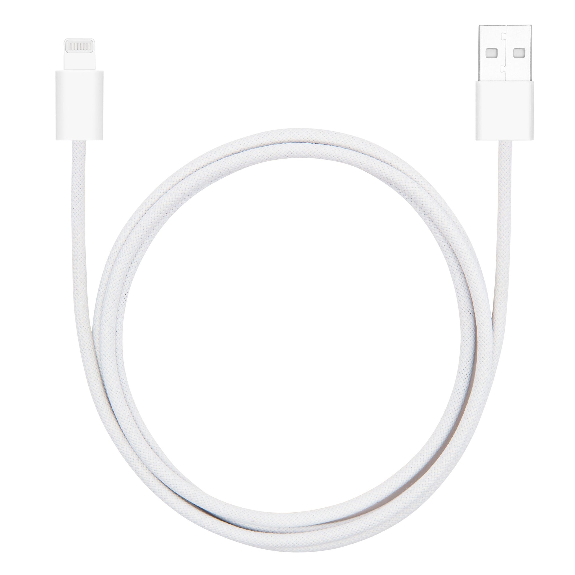 Linocell flettet USB-A til Lightning-kabel 1 m hvid, MFi-certificeret, rullet sammen med USB-stik til højre.