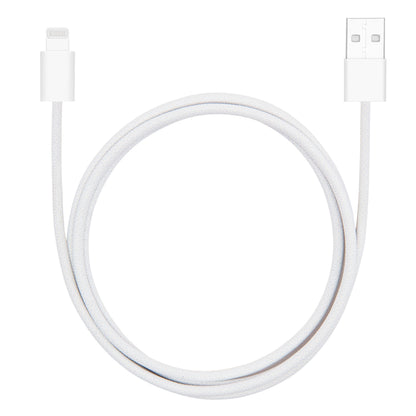 Linocell flettet USB-A til Lightning-kabel 1 m hvid, MFi-certificeret, rullet sammen med USB-stik til højre.