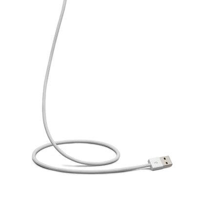 Linocell flettet USB-A til Lightning kabel, MFi, hvid, 1m, synligt USB-A stik, delvist oprullet.