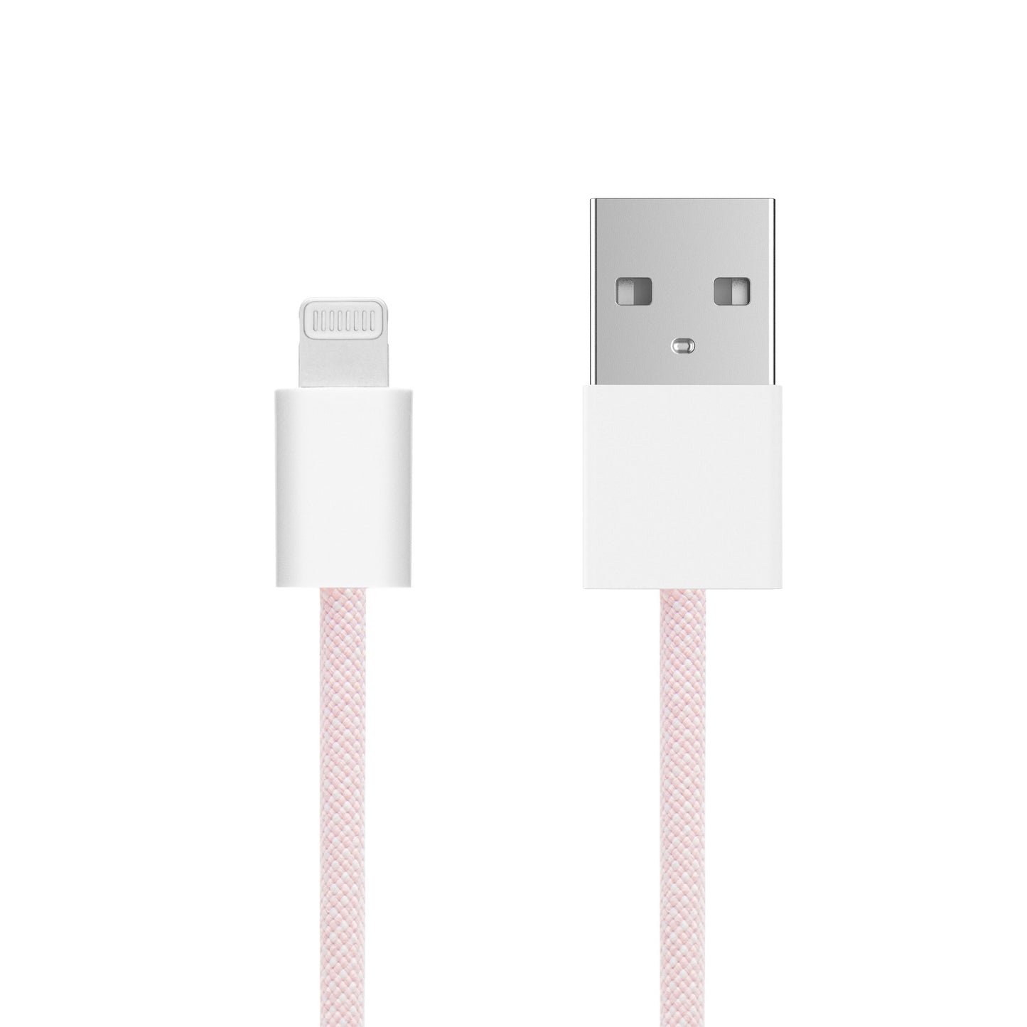 Linocell flettet USB-A til Lightning-kabel MFi 0,5 m lyserød, nærbillede af begge stik.