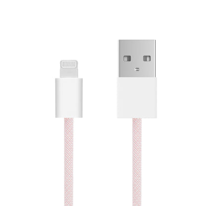 Linocell flettet USB-A til Lightning-kabel MFi 0,5 m lyserød, nærbillede af begge stik.