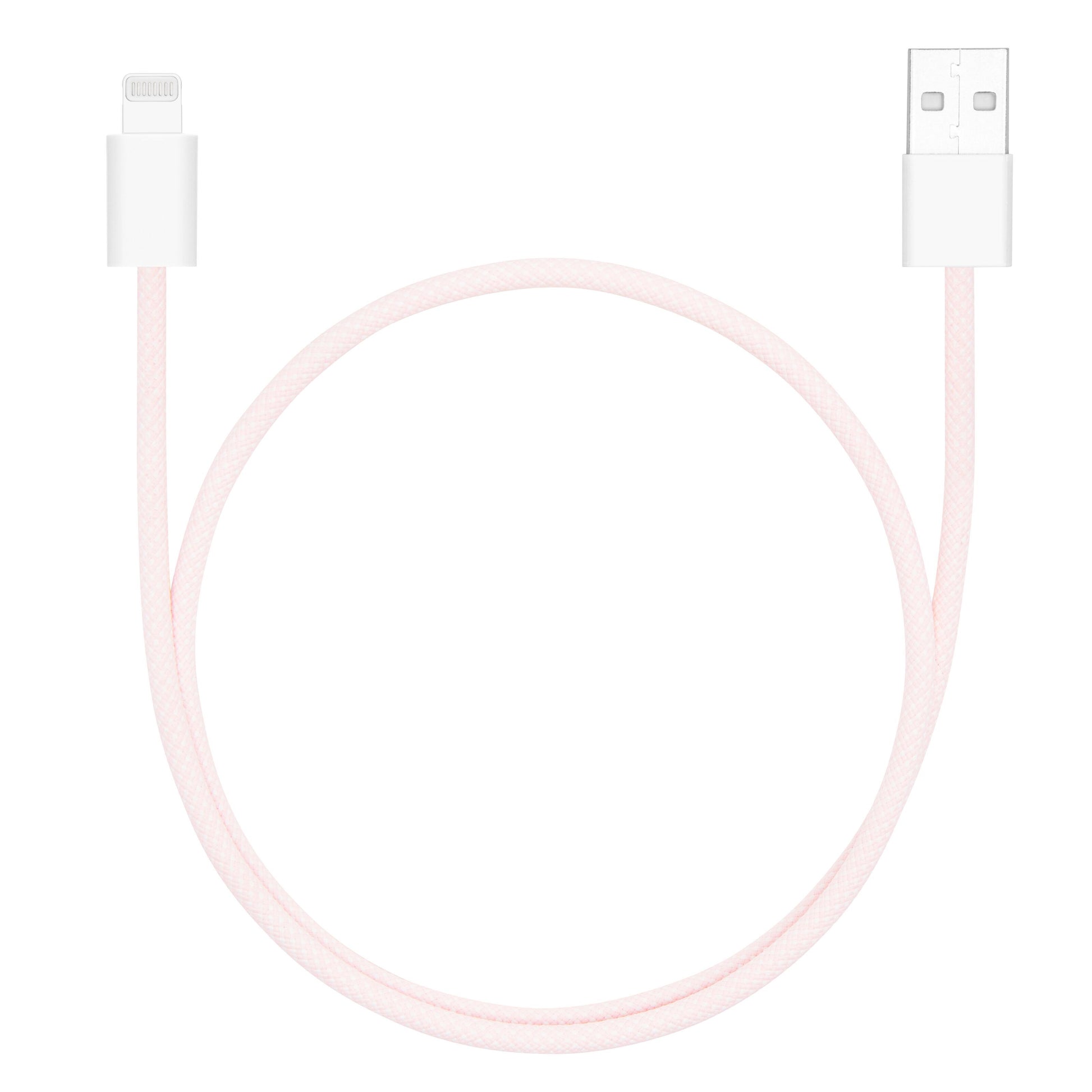 Flettet USB-A til Lightning-kabel, 0,5 m, lyserød, MFi-certificeret, USB-A og Lightning-stik.