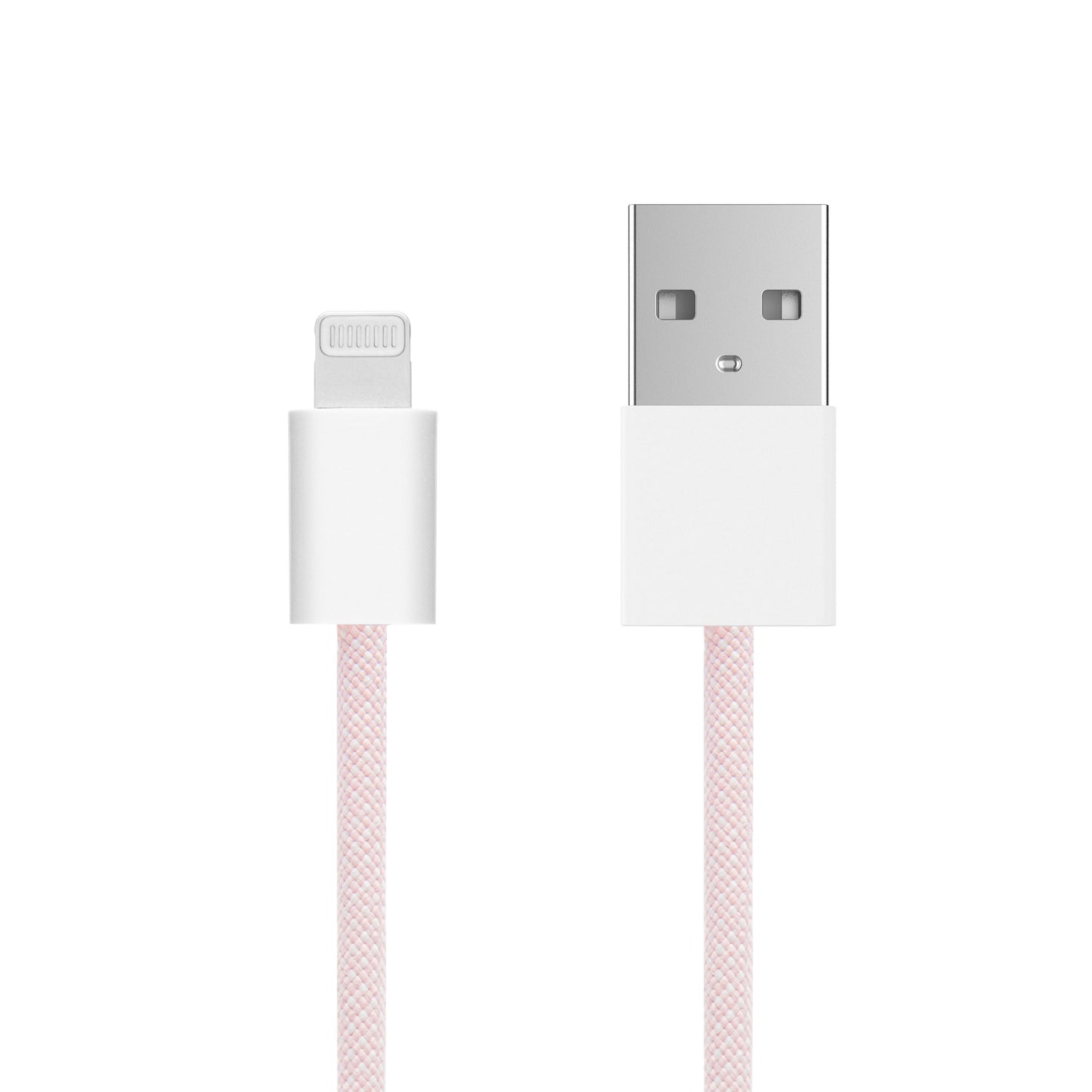 Linocell flettet USB-A til Lightning-kabel MFi lyserød 1 m med begge stik synlige.