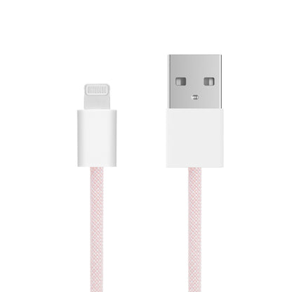 Linocell flettet USB-A til Lightning-kabel MFi lyserød 1 m med begge stik synlige.