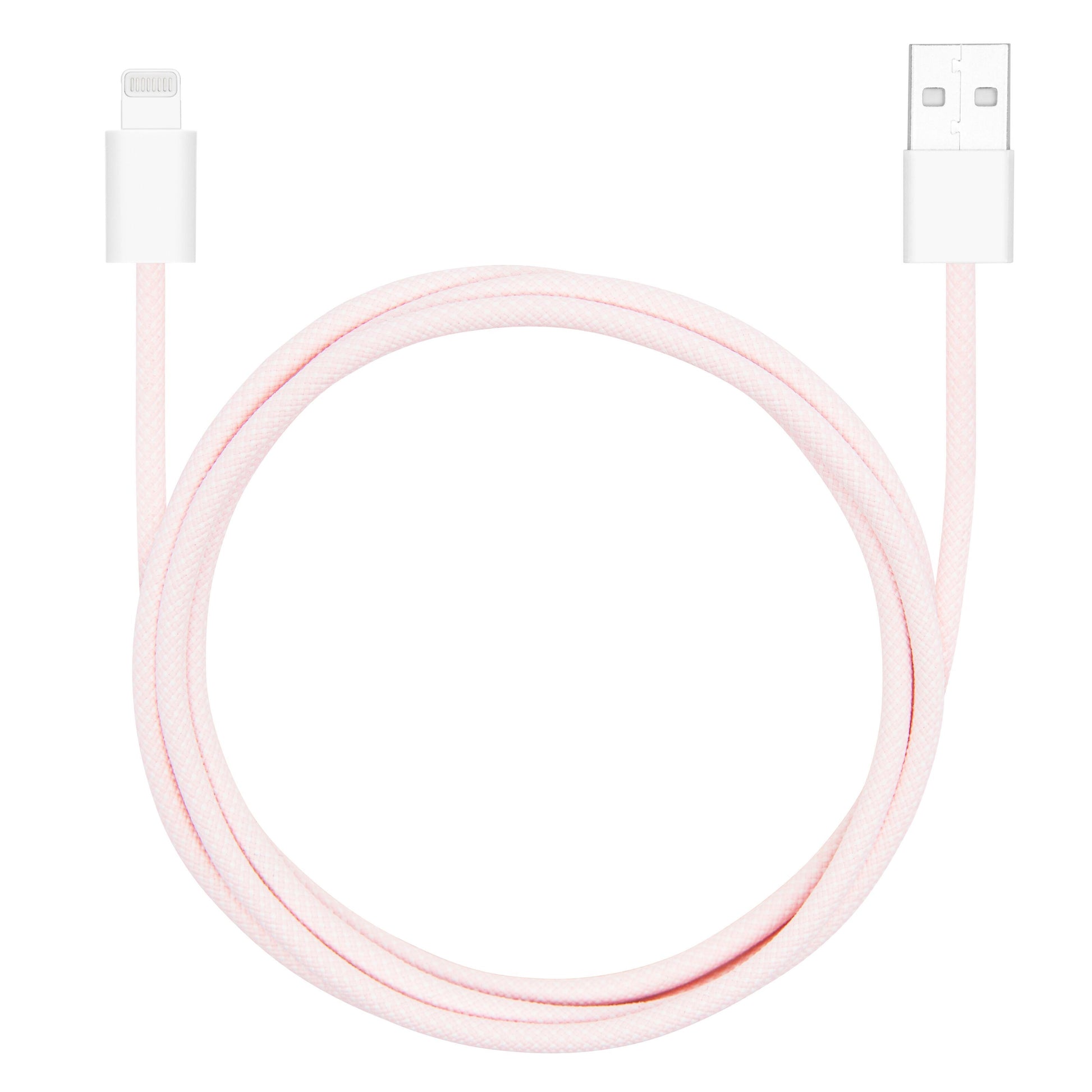 Flettet USB-A til Lightning-kabel, MFi, lyserød, 1 meter, synlige USB-A og Lightning stik.