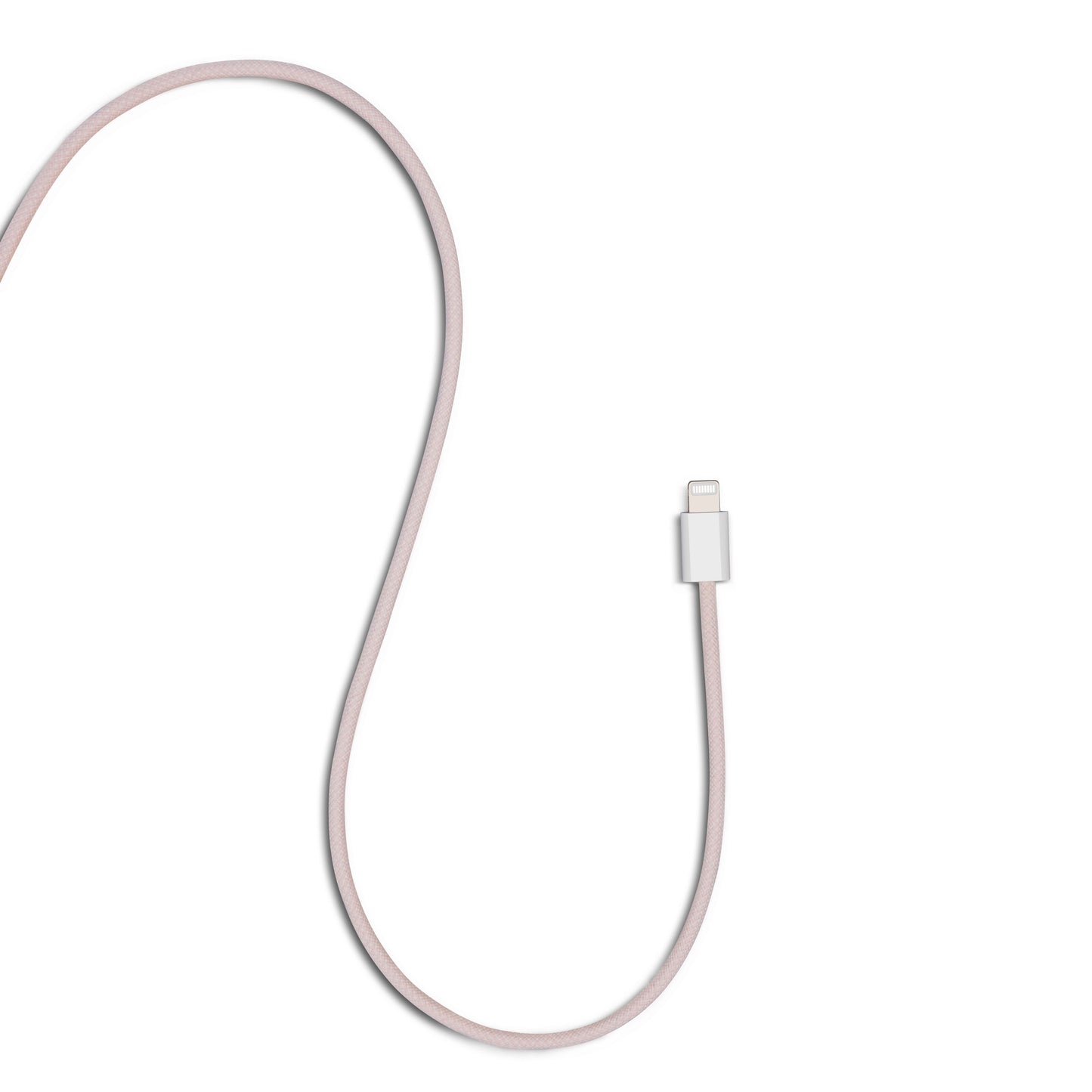 Linocell flettet USB-A til Lightning-kabel, MFi, lyserød, 1 m, hvidt stik til højre.
