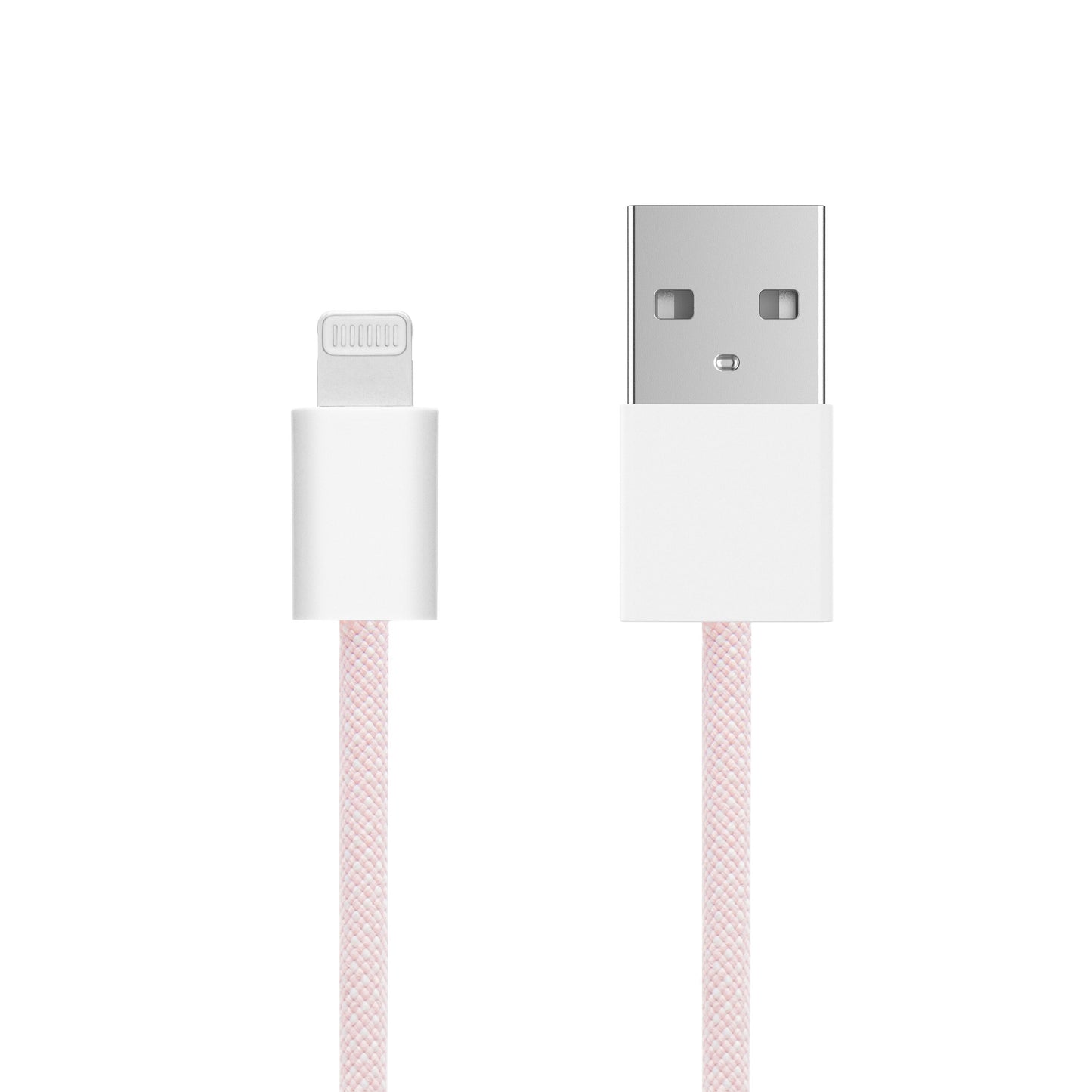 Linocell Flettet USB-A til Lightning-kabel, MFi, lyserød, 2 m, close-up med begge stik synlige.