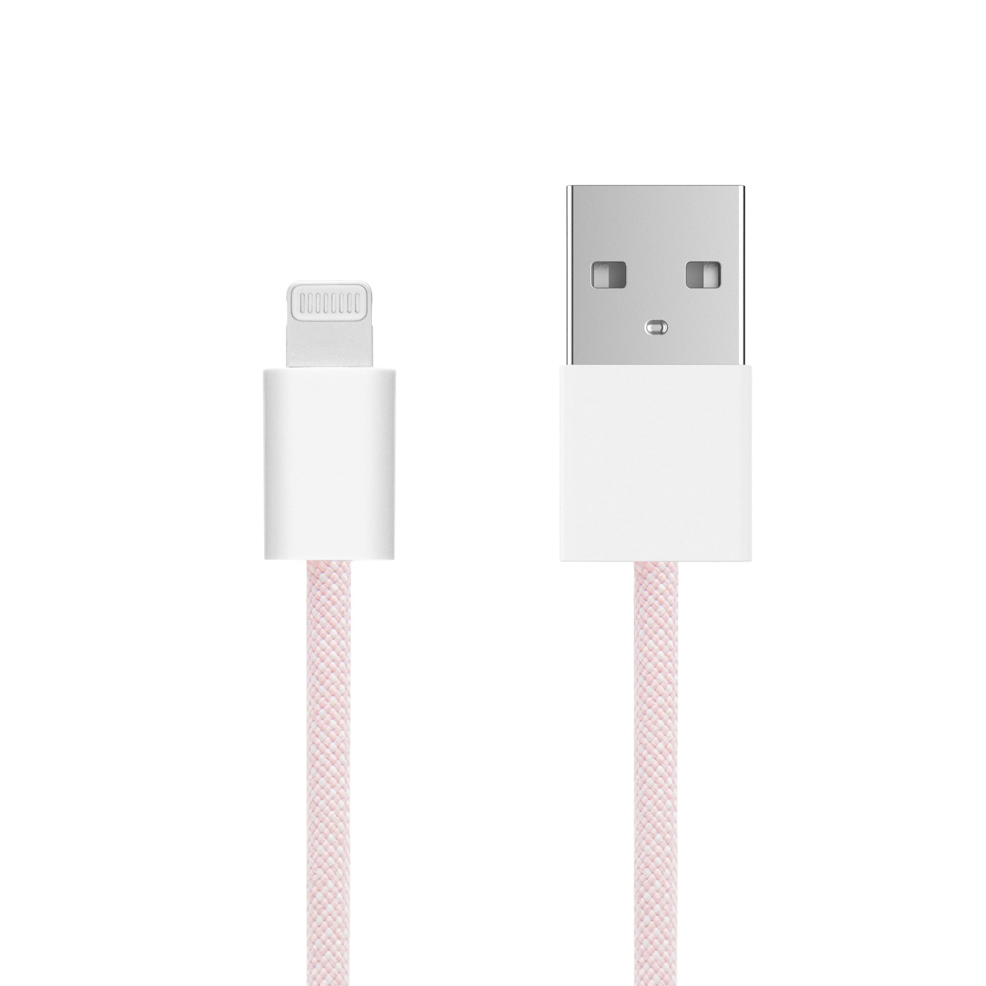 Linocell Flettet USB-A til Lightning-kabel, MFi, lyserød, 2 m, close-up med begge stik synlige.