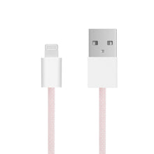 Linocell Flettet USB-A til Lightning-kabel, MFi, lyserød, 2 m, close-up med begge stik synlige.