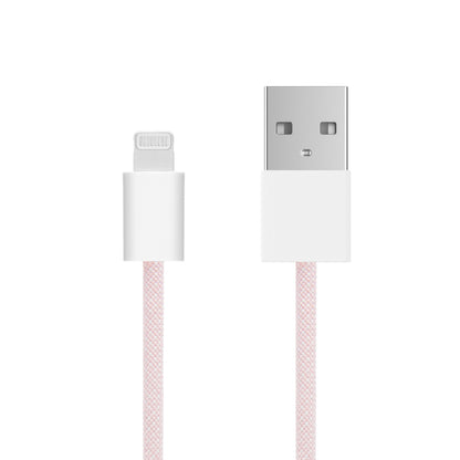 Linocell Flettet USB-A til Lightning-kabel, MFi, lyserød, 2 m, close-up med begge stik synlige.