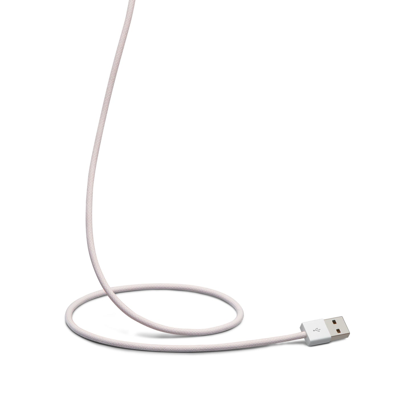 Flettet USB-A til Lightning-kabel, MFi-certificeret, lyserød, 2 m, løst oprullet med synligt Lightning-stik.