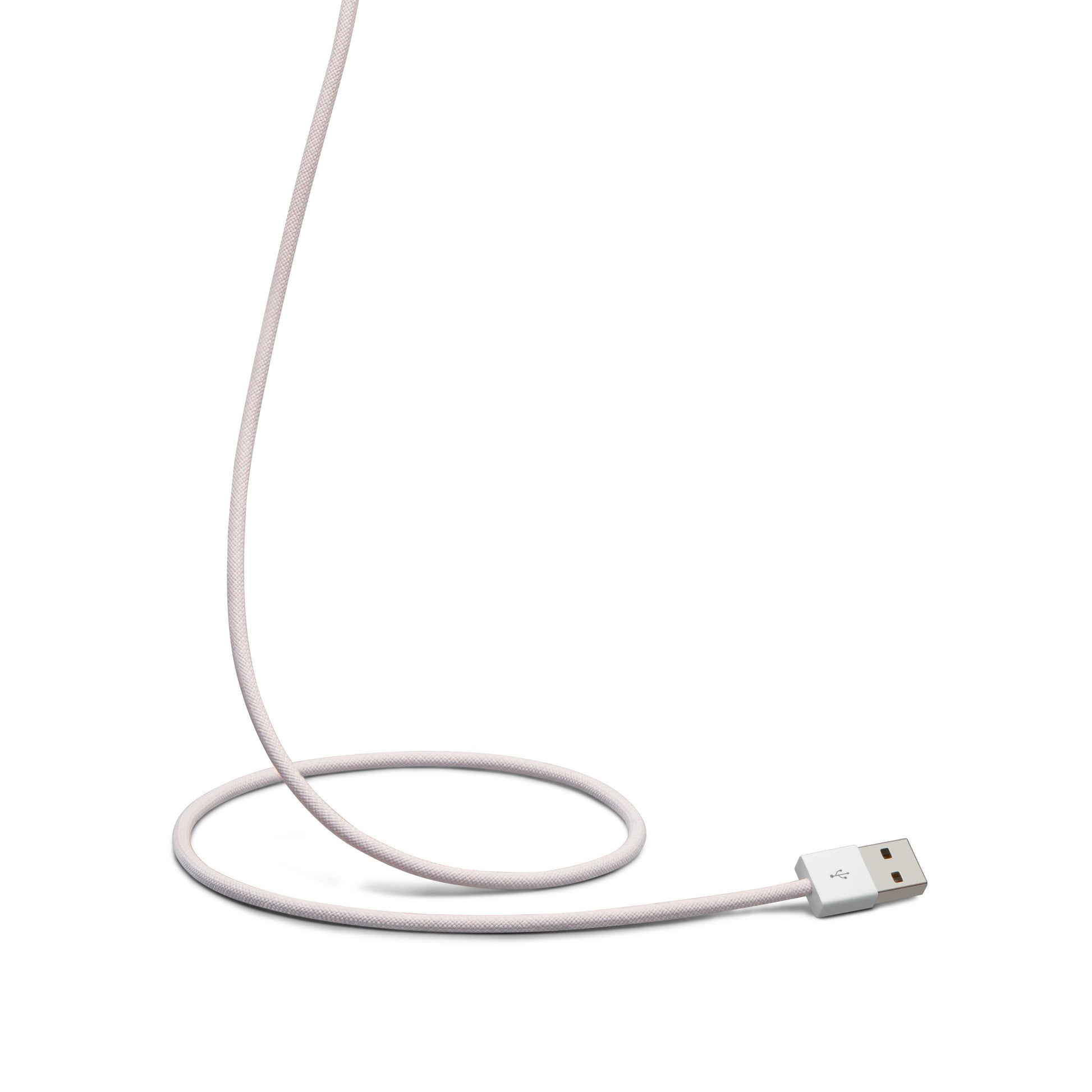 Flettet USB-A til Lightning-kabel, MFi-certificeret, lyserød, 2 m, løst oprullet med synligt Lightning-stik.