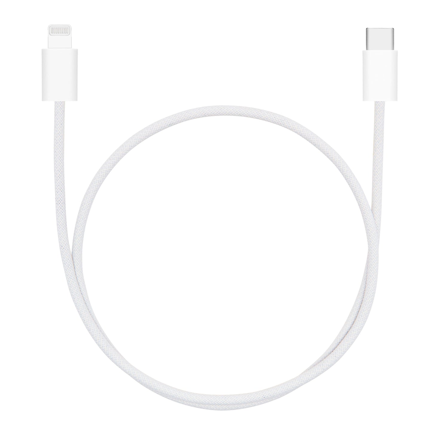 Flettet USB-C til Lightning-kabel 0,5 m hvid MFi-certificeret med USB-C og Lightning-stik.