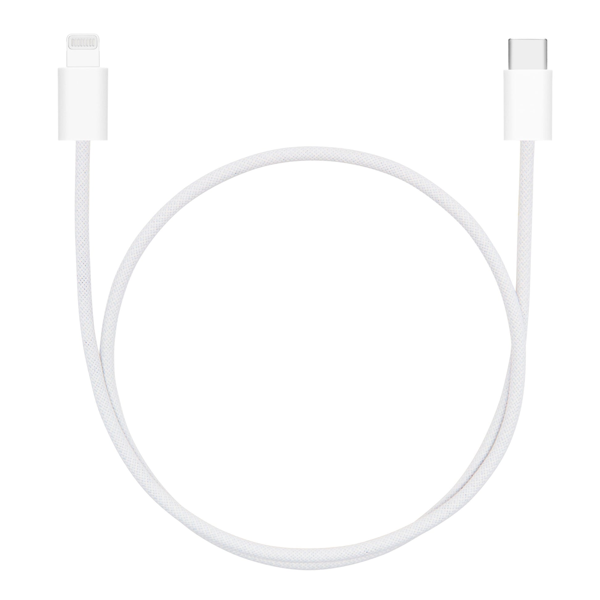 Flettet USB-C til Lightning-kabel 0,5 m hvid MFi-certificeret med USB-C og Lightning-stik.