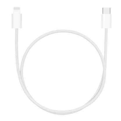 Flettet USB-C til Lightning-kabel 0,5 m hvid MFi-certificeret med USB-C og Lightning-stik.