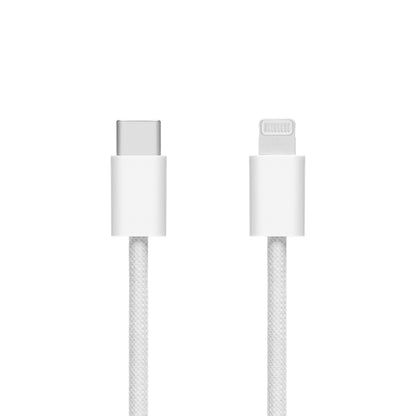 Flettet USB-C til Lightning-kabel MFi 1 m hvid med USB-C-stik til venstre og Lightning-stik til højre.
