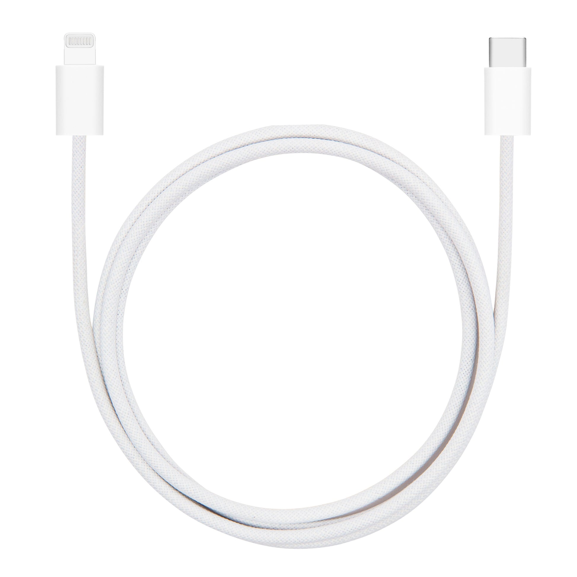Linocell flettet USB-C til Lightning-kabel MFi hvid 1 m oprullet.