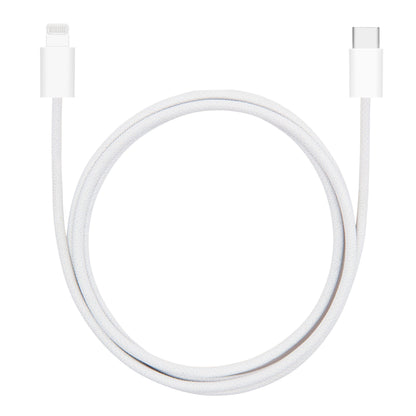 Linocell flettet USB-C til Lightning-kabel MFi hvid 1 m oprullet.