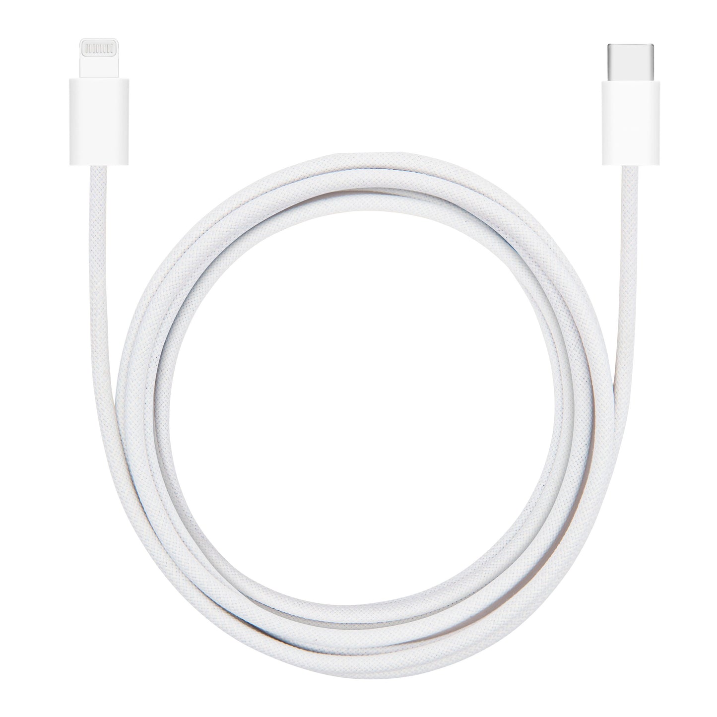 Flettet USB-C til Lightning-kabel, MFi, 2 m, hvid, rullet i cirkel med Lightning-stik venstre og USB-C højre.