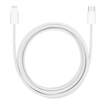 Flettet USB-C til Lightning-kabel, MFi, 2 m, hvid, rullet i cirkel med Lightning-stik venstre og USB-C højre.