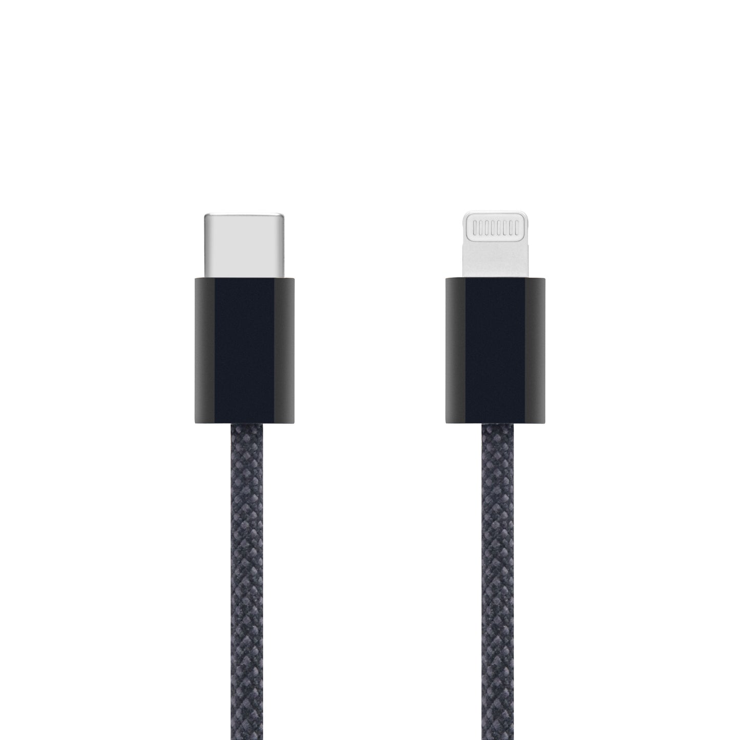 Linocell flettet USB-C til Lightning-kabel MFi 0,5 m sort, USB-C stik venstre, Lightning stik højre, sort hus.