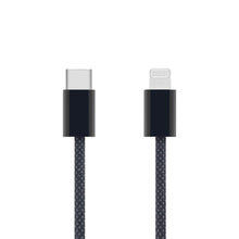Linocell flettet USB-C til Lightning-kabel MFi 0,5 m sort, USB-C stik venstre, Lightning stik højre, sort hus.