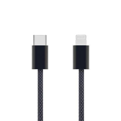 Linocell flettet USB-C til Lightning-kabel MFi 0,5 m sort, USB-C stik venstre, Lightning stik højre, sort hus.