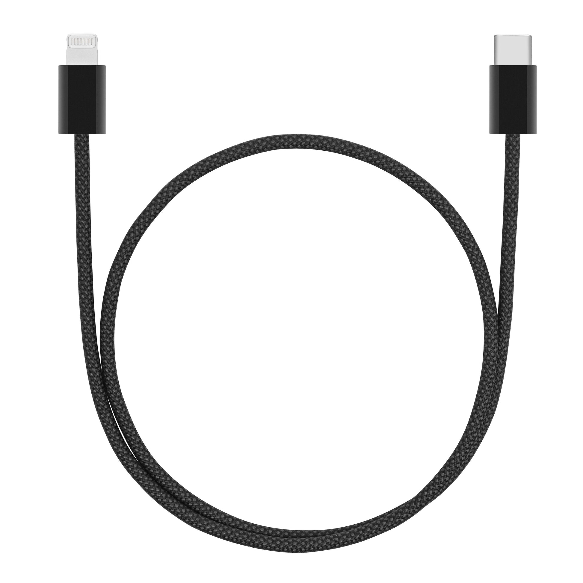 Linocell flettet USB-C til Lightning-kabel 0,5 m sort MFi-certificeret understøtter 30 W opladning.