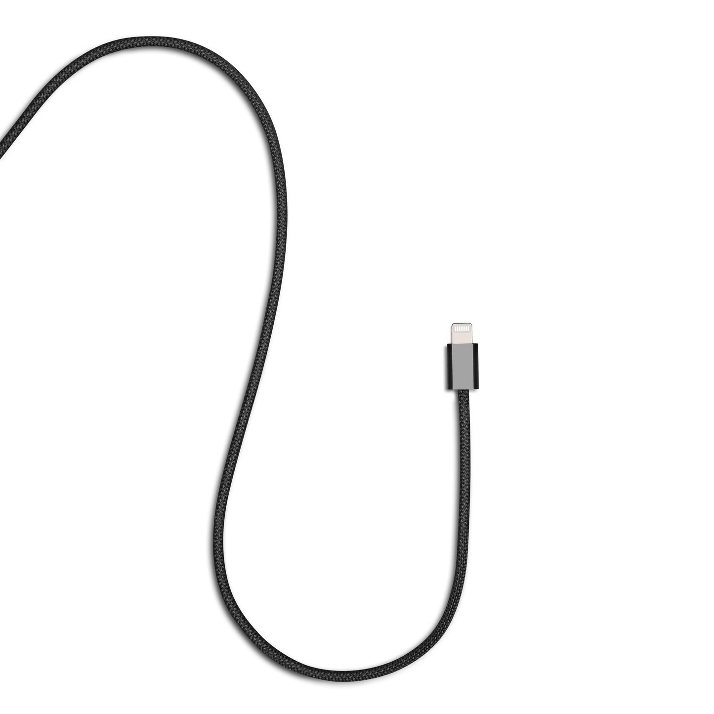 Linocell flettet USB-C til Lightning-kabel MFi sort 0,5 m snoet S-form, stikket peger mod højre.