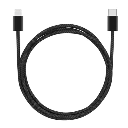 Linocell USB-C til Lightning-kabel, flettet, MFi-certificeret, sort, 1m, synligt sammenrullet.
