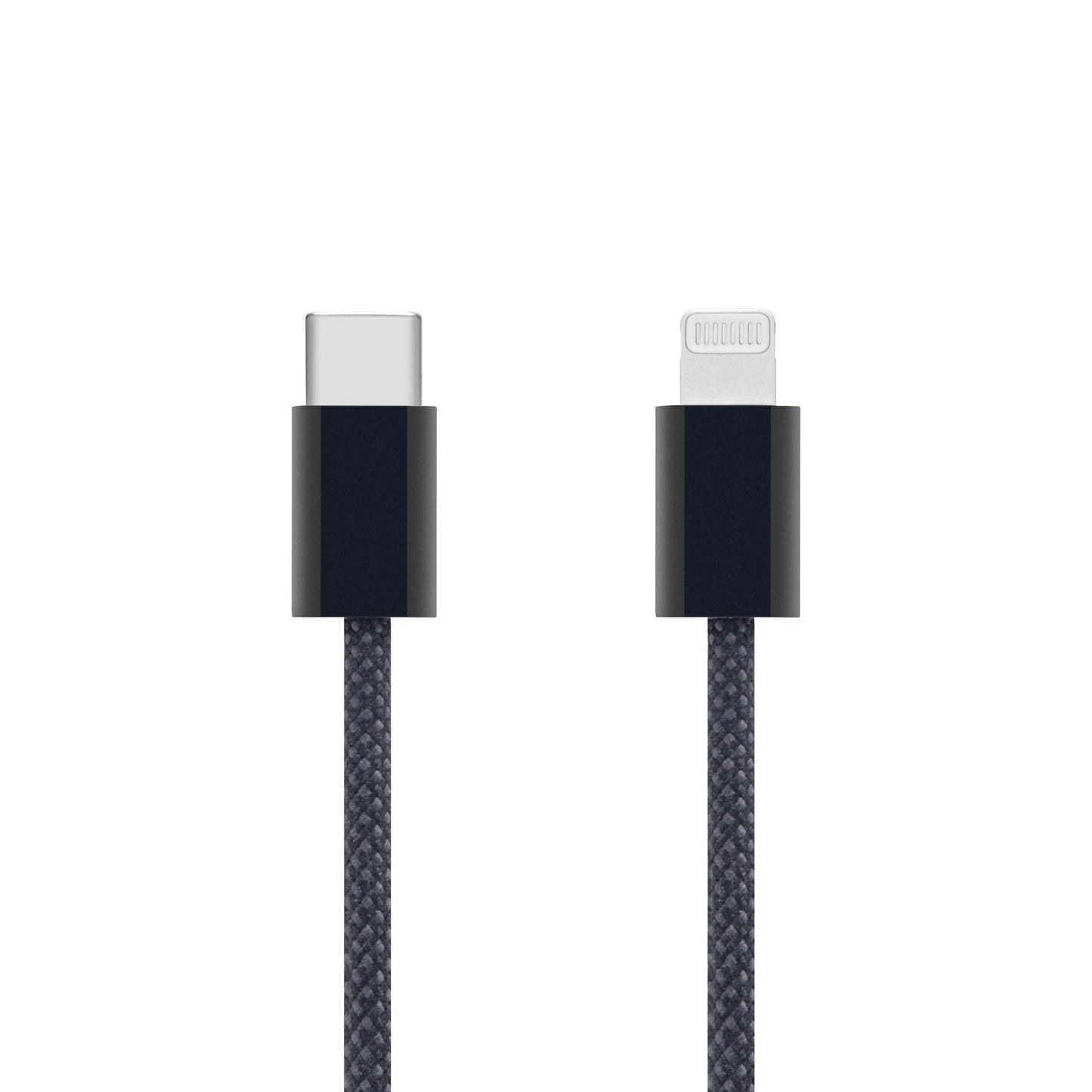 USB-C til Lightning kabel 2 m flettet, sort, MFi-certificeret, stik i hver ende, til iPhone-opladning.