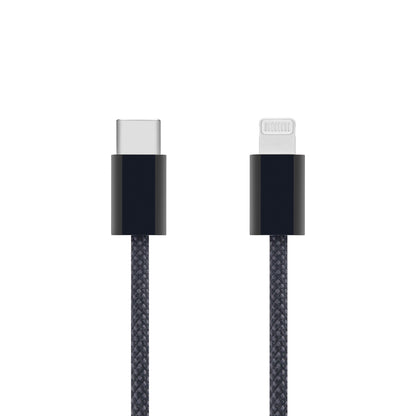 USB-C til Lightning kabel 2 m flettet, sort, MFi-certificeret, stik i hver ende, til iPhone-opladning.
