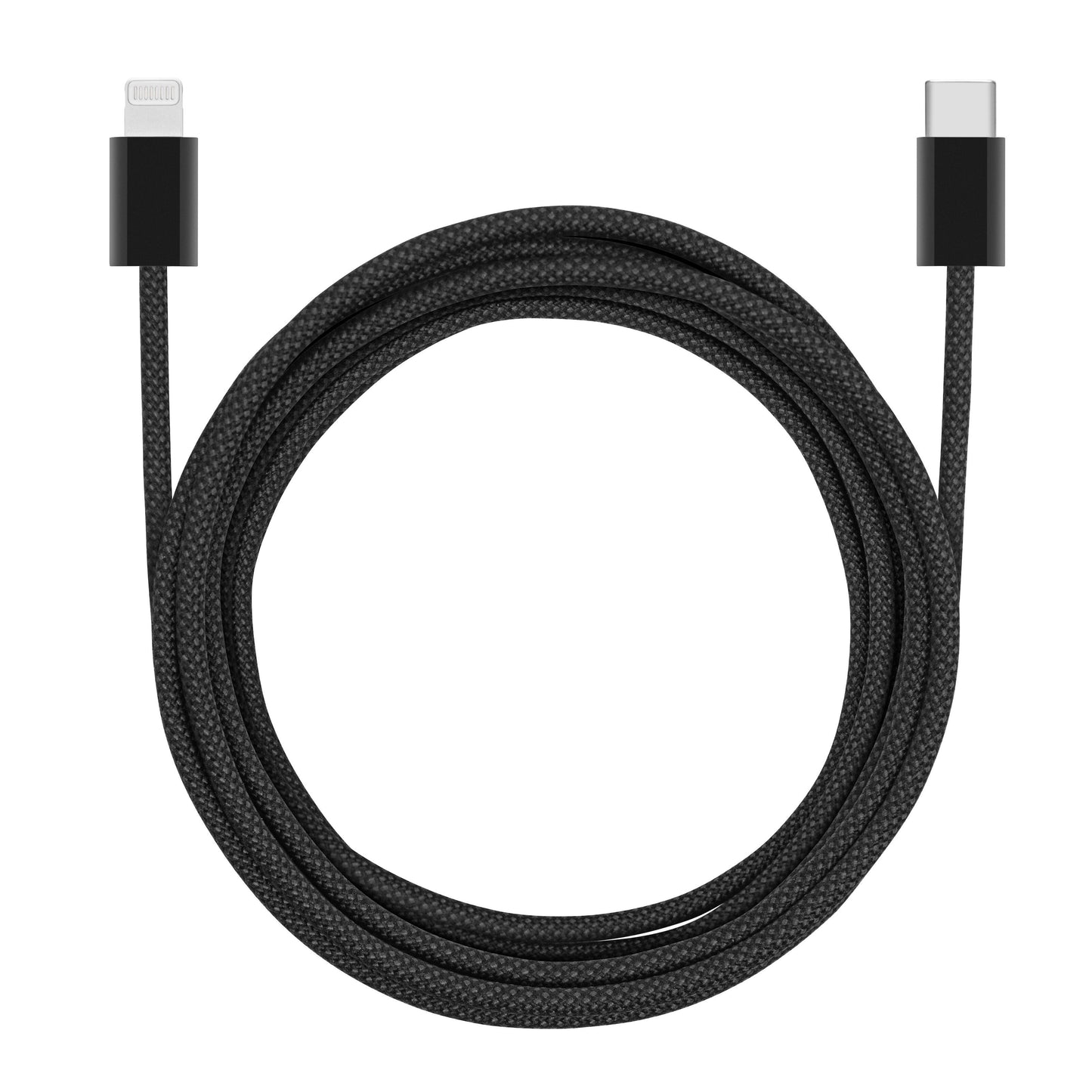 Linocell flettet USB-C til Lightning kabel 2 m sort MFi-certificeret oprullet i cirkel velegnet til iPhone opladning.