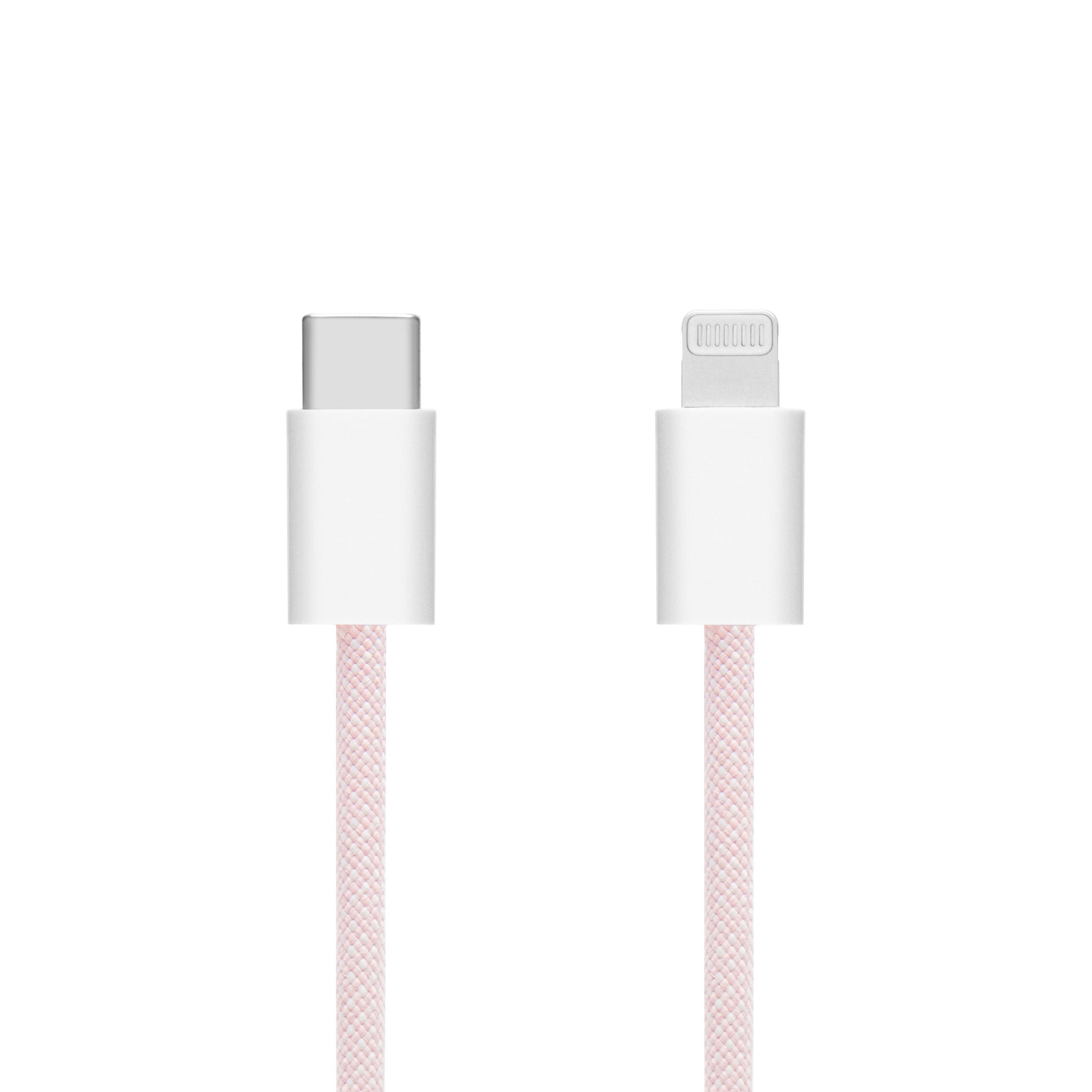 Linocell Flettet USB-C til Lightning-kabel, MFi-certificeret, lyserød, 0,5 m, USB-C og Lightning-stik.