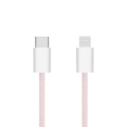Linocell Flettet USB-C til Lightning-kabel, MFi-certificeret, lyserød, 0,5 m, USB-C og Lightning-stik.