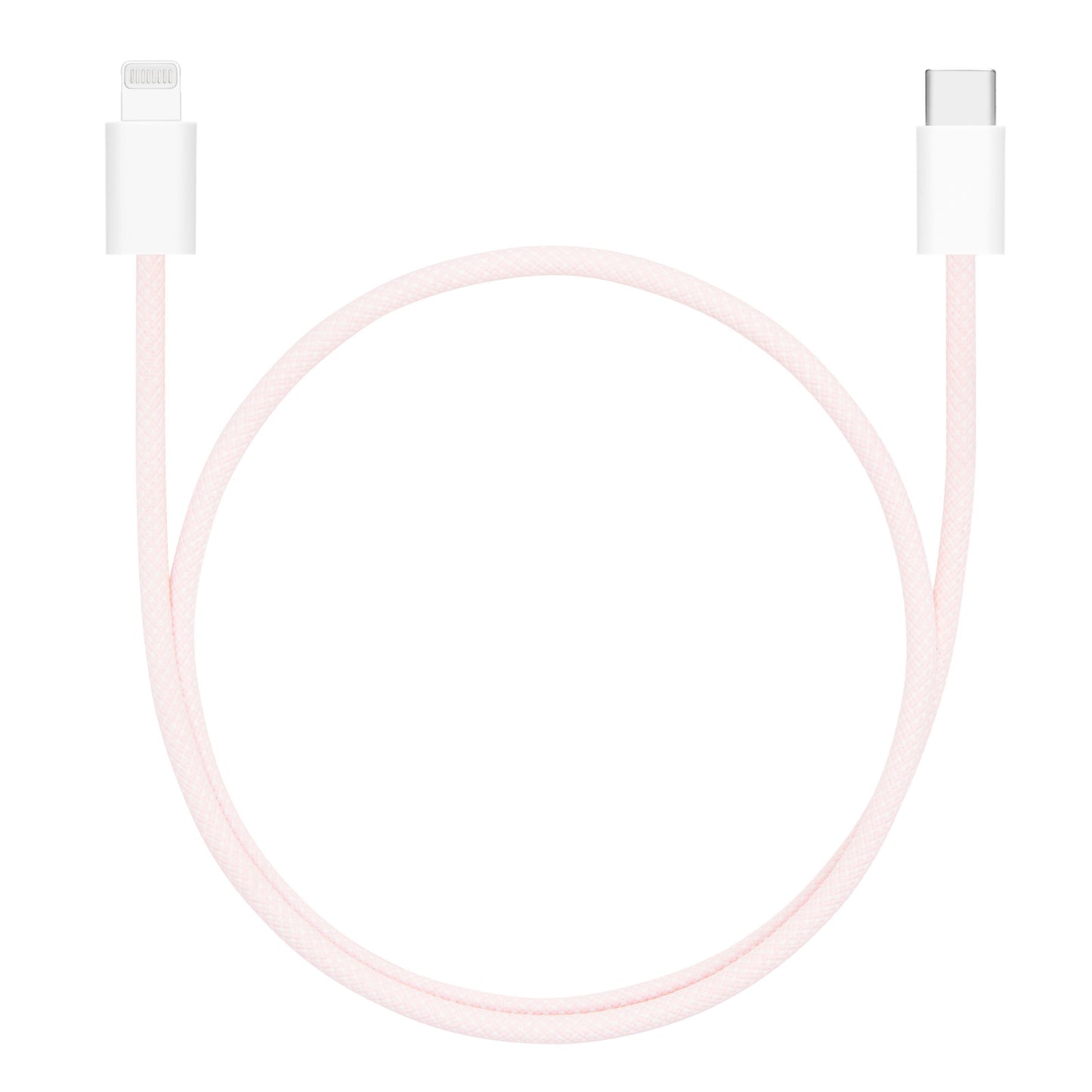 Flettet USB-C til Lightning-kabel, MFi-certificeret, lyserød, 0,5 m, Lightning-stik venstre og USB-C højre i løkke.