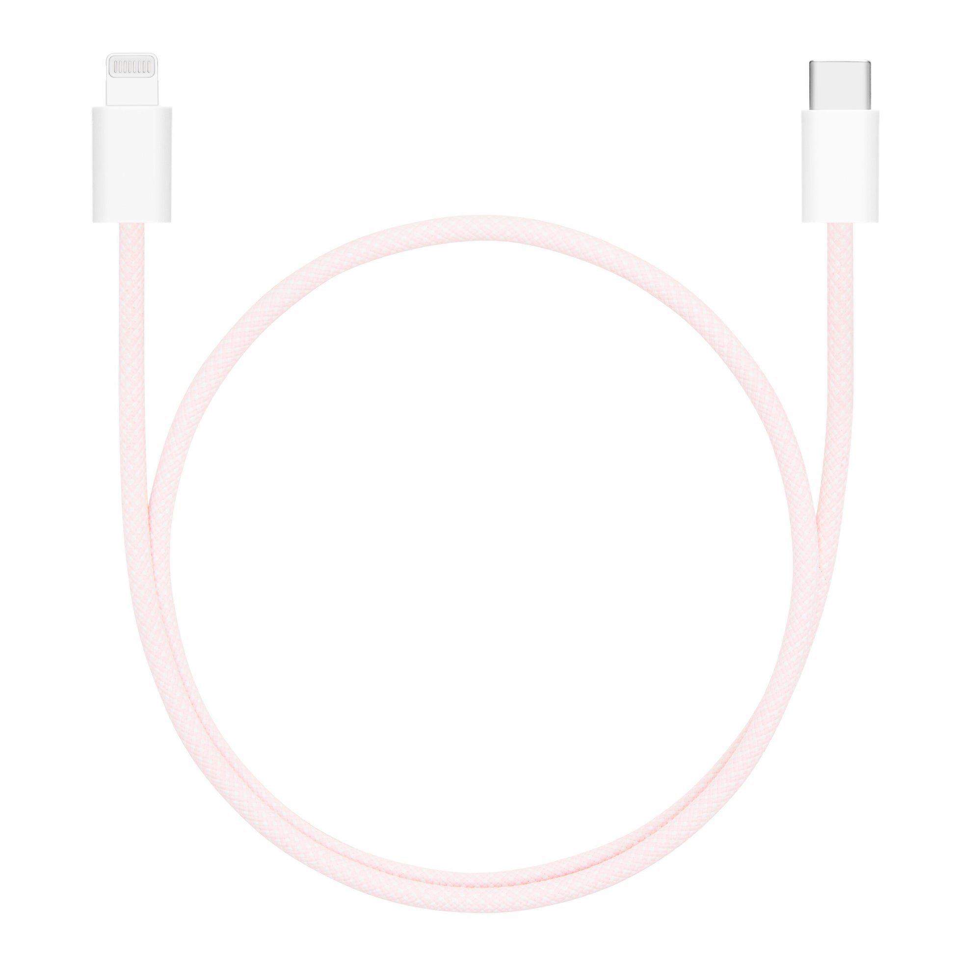 Flettet USB-C til Lightning-kabel, MFi-certificeret, lyserød, 0,5 m, Lightning-stik venstre og USB-C højre i løkke.