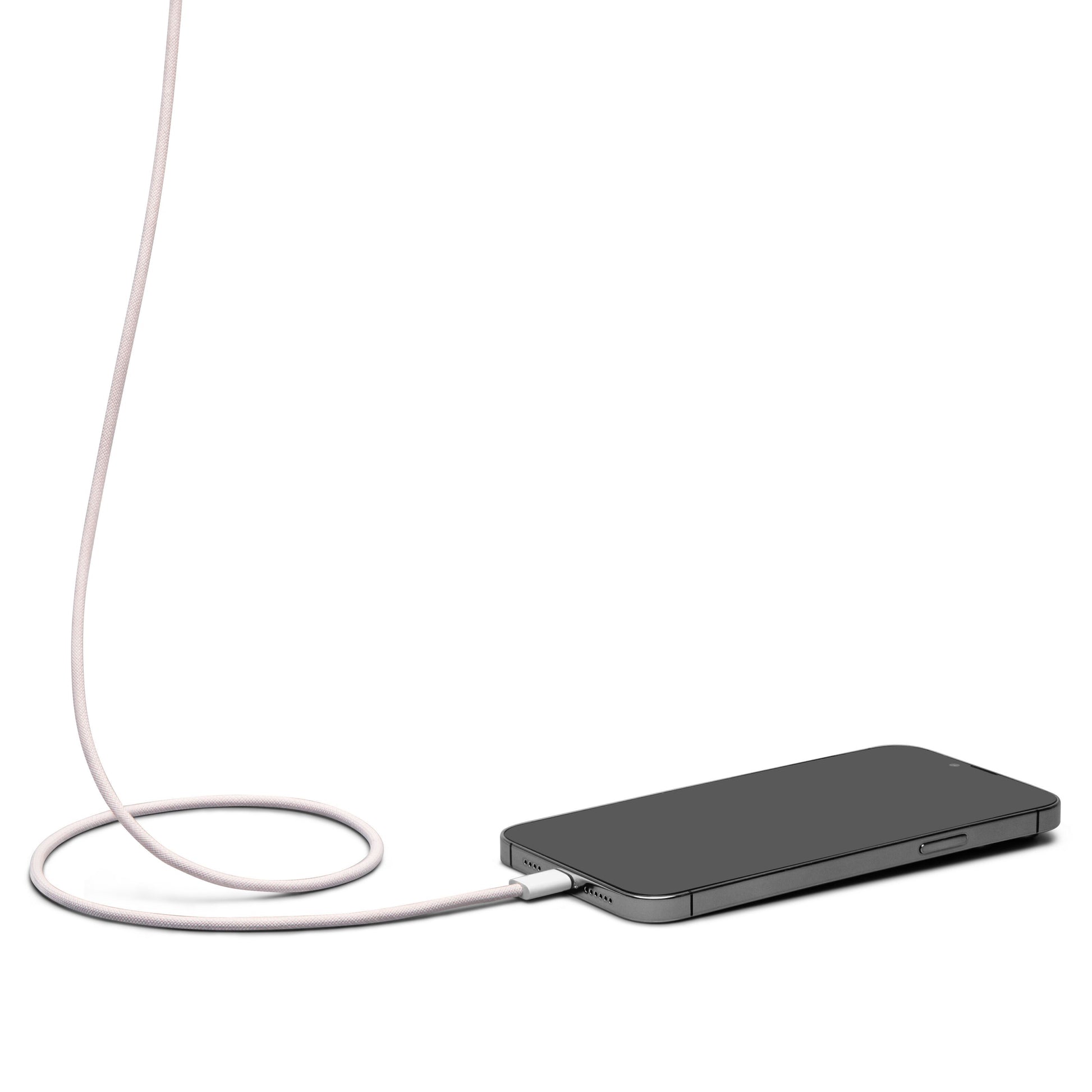 Smartphone med flettet USB-C til Lightning-kabel, MFi, lyserød, 0,5 m. Skærm er slukket.