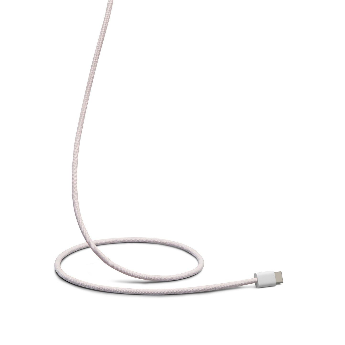 Lyserødt flettet USB-C til Lightning-kabel MFi 0,5 m, USB-C-stik synligt tæt ved kabelløkken.